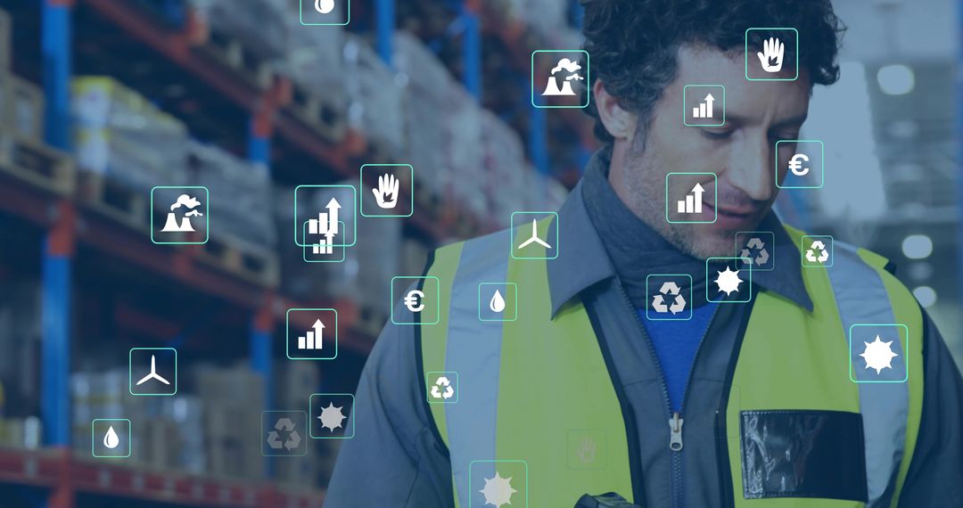 Warehouse Worker Analyzing Real-Time Inventory Data with Virtual Icons