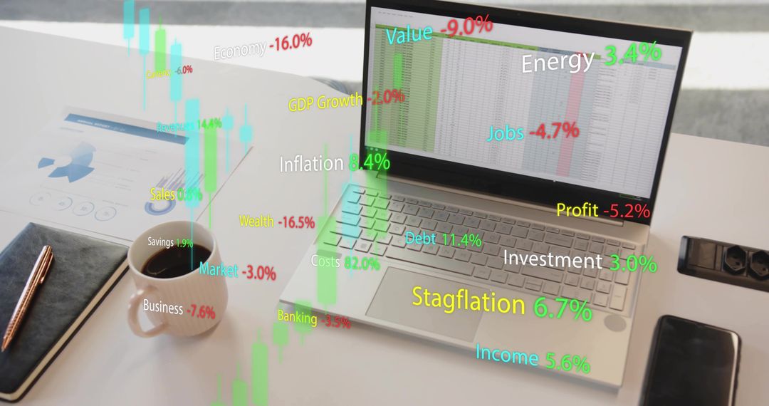 Laptop with Data Visualization and Economic Indicators on Desk