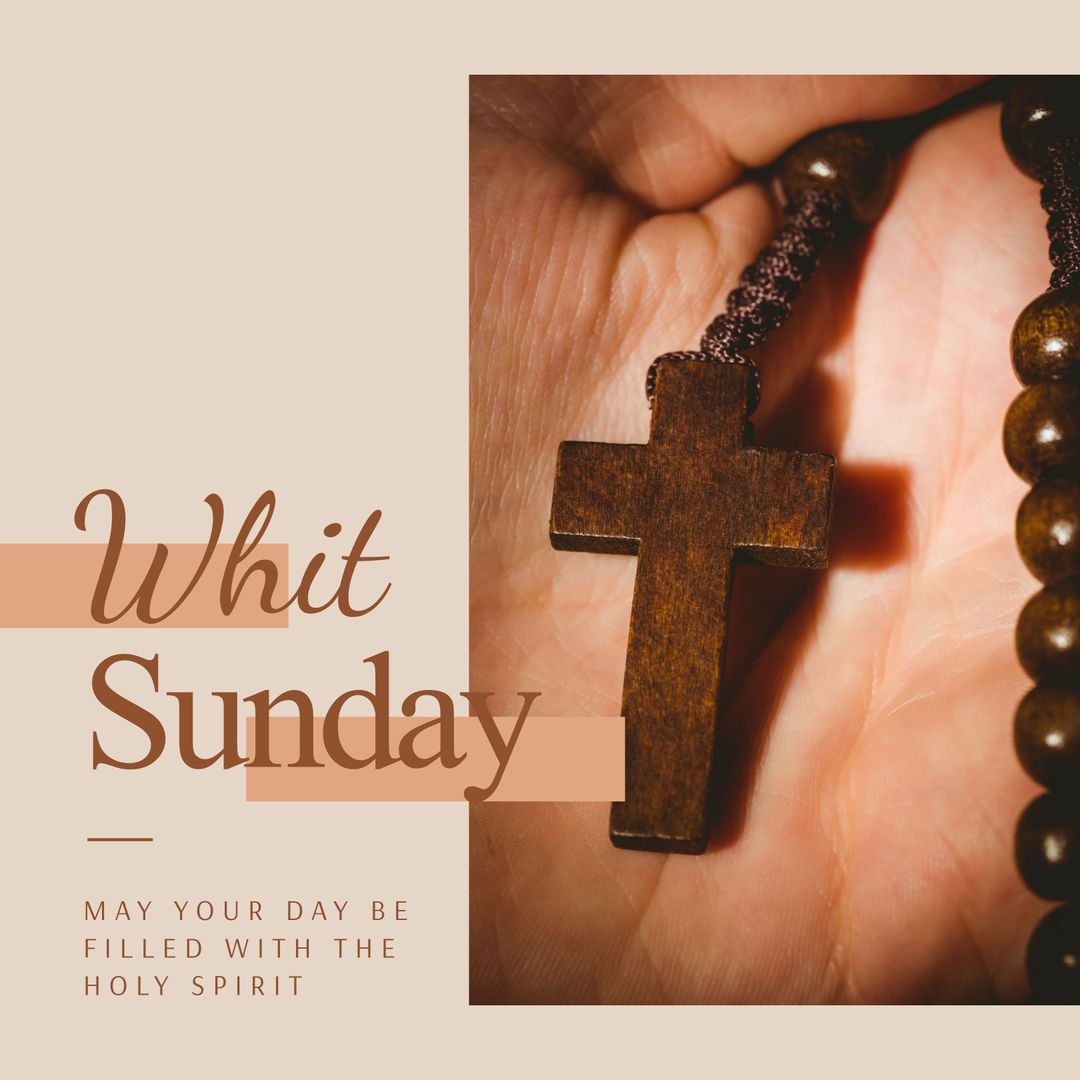 Hand Holding Wooden Rosary Cross with Whit Sunday Message - Download Free Stock Templates Pikwizard.com