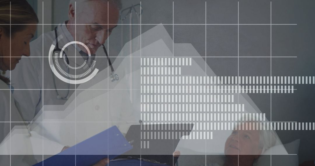 Diverse Medical Team Analyzing Patient Data with Digital Interface Overlay