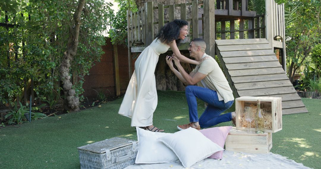 Romantic Garden Proposal Moment Embracing Joyous Future