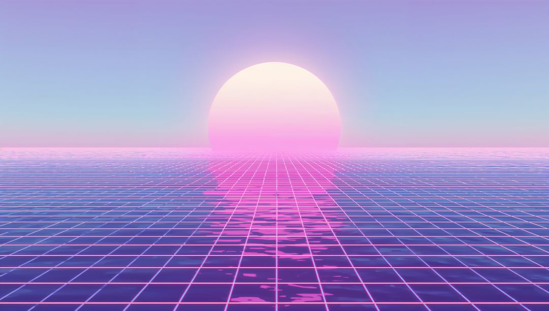 Neon Sun Rising Over Retro Grid Ocean Creating Pink Reflection in Synthwave Horizon