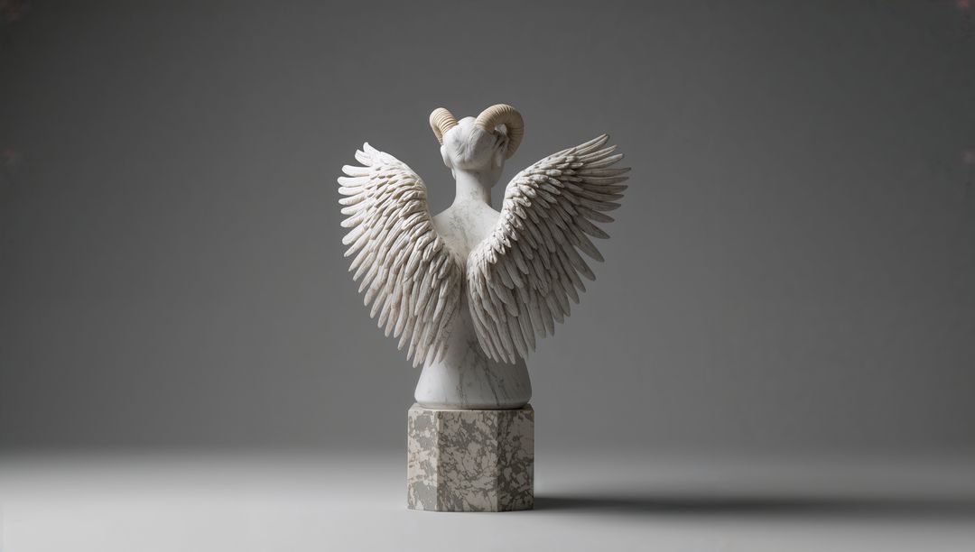 Mythical Marble Winged Bust with Ram Horns in Studio Setting