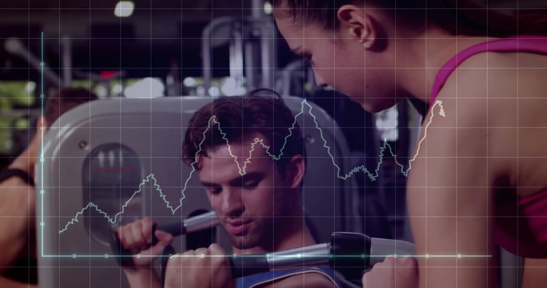 Man Exercising on Chest Press with Performance Graph Overlay