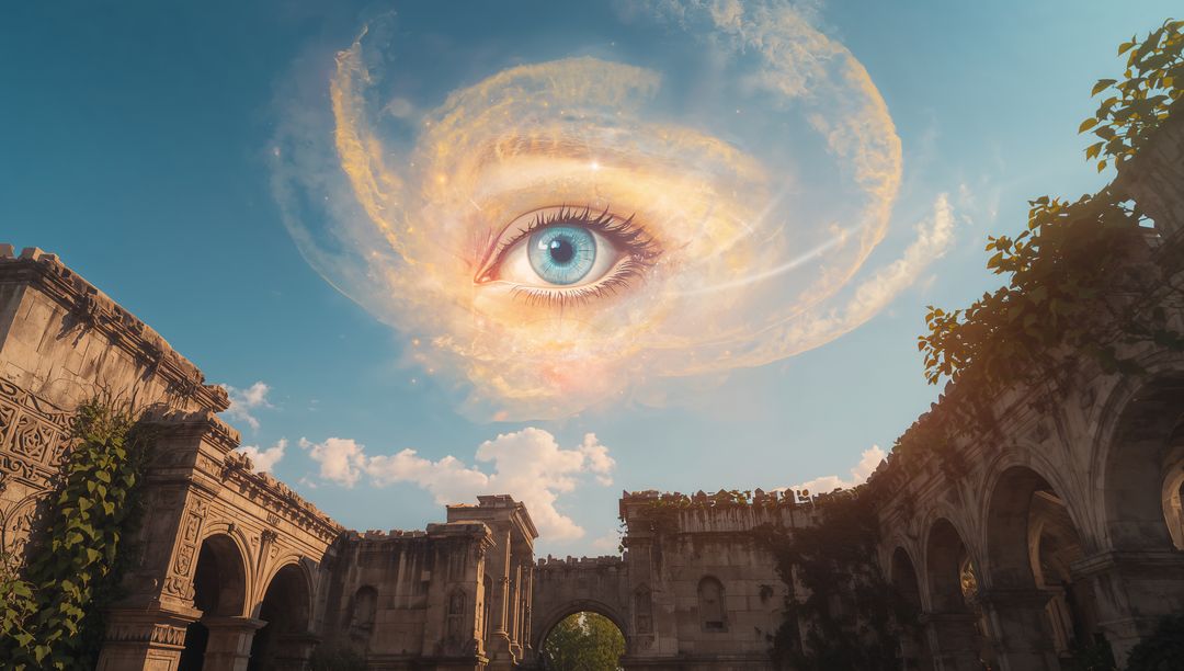 Cosmic Eye Glowing Over Ancient Ruins in Mystical Journey