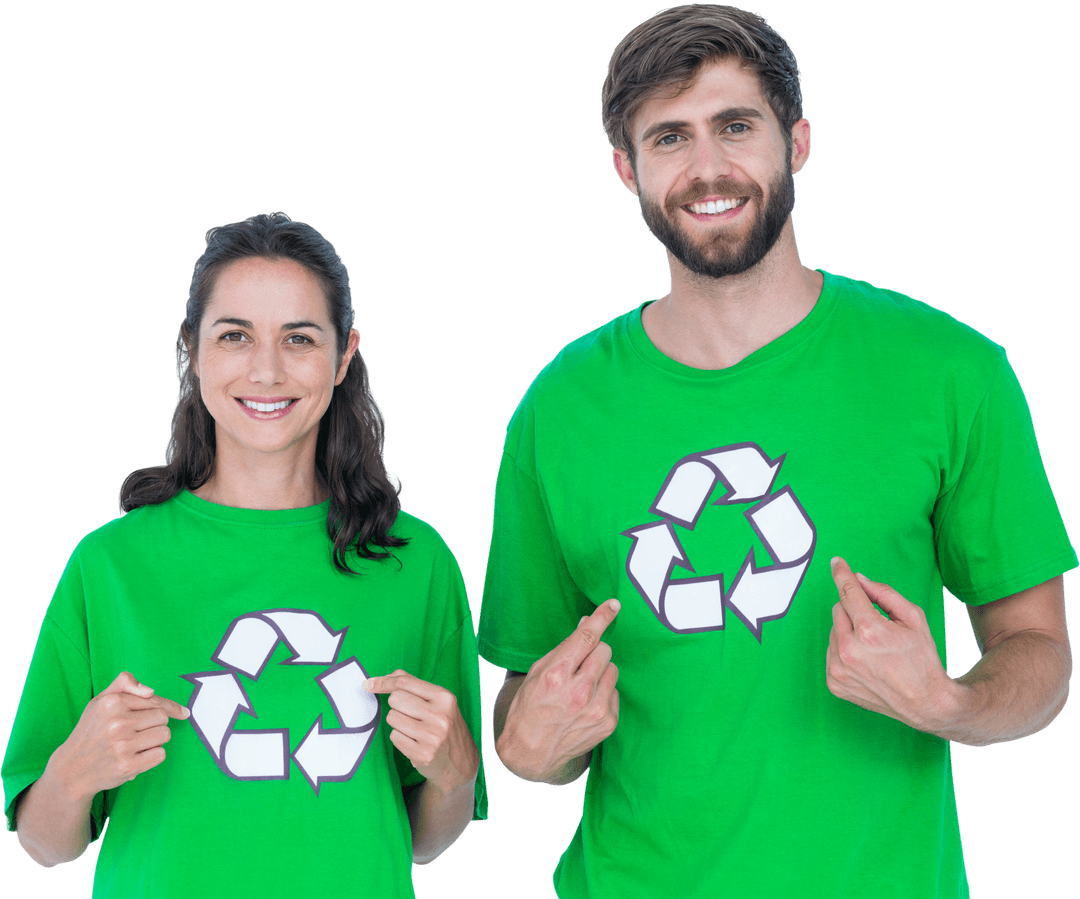 Caucasian Volunteers Promoting Recycling with Eco-friendly T-shirts