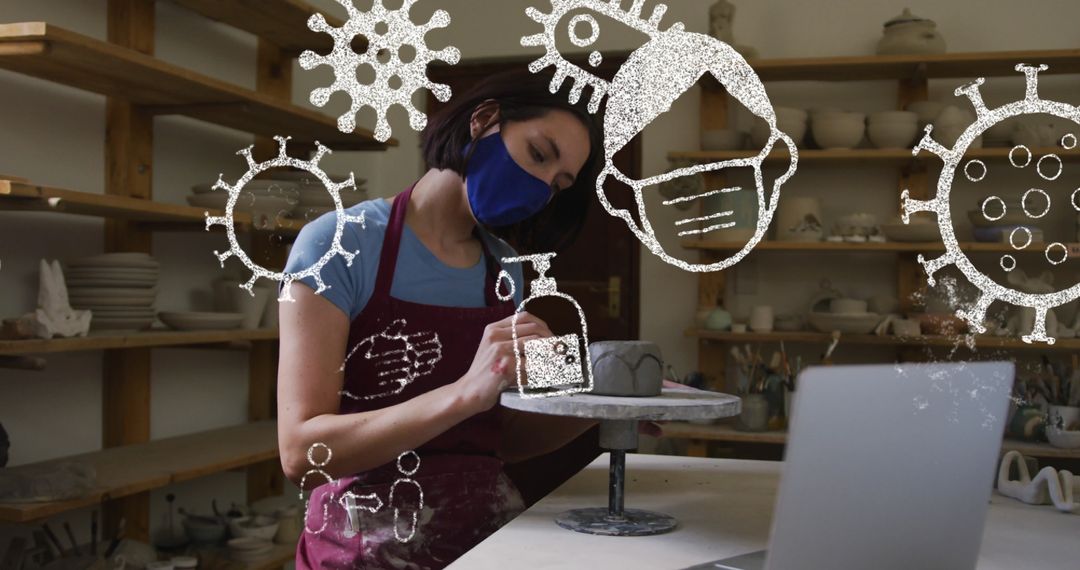 Pottery Artist Creating Art with COVID-19 Safety Icons Overlay