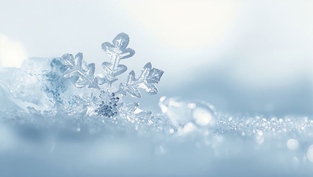 Macro Snowflake Crystal Resting on Sparkling Snow with Cool Blue Bokeh and Frost Detail