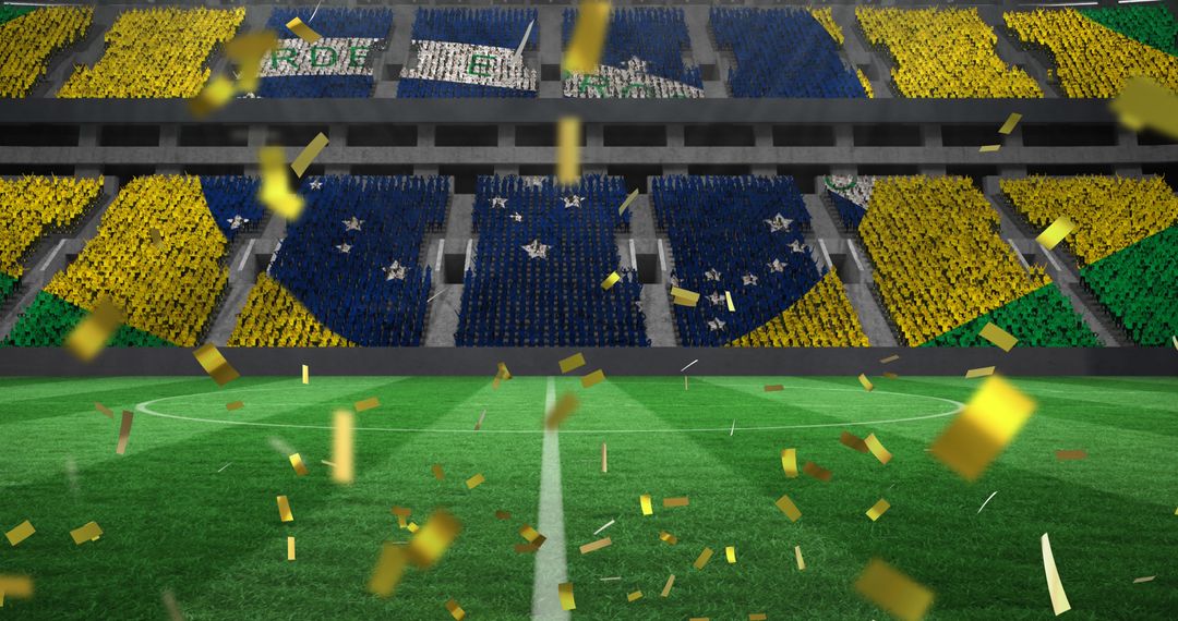 Colorful Confetti in Empty Stadium with Brazilian Flags