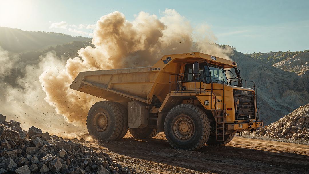 Rugged yellow dumper truck traversing quarry dust