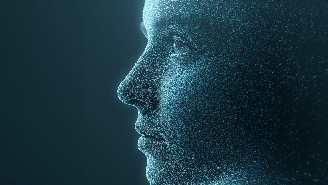 Teal Particle Face Dissolving into Digital Dots, Futuristic AI Profile with Glowing Eye