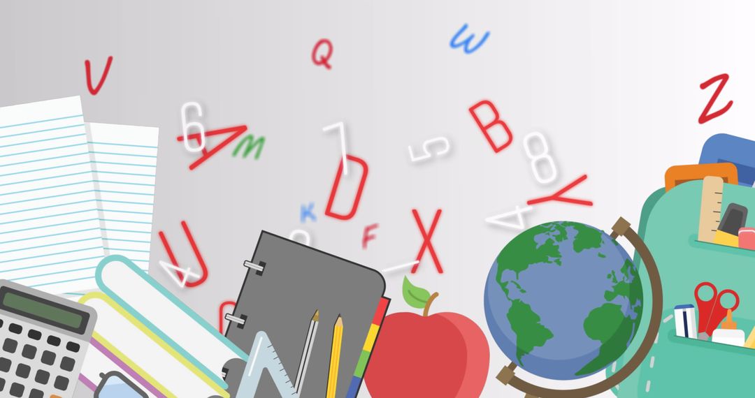 Educational Tools and Icons with Floating Letters and Numbers