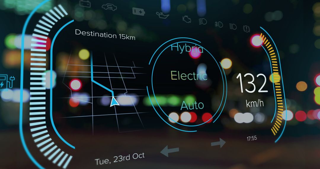 Futuristic Car Interface Displaying Navigation over City Lights