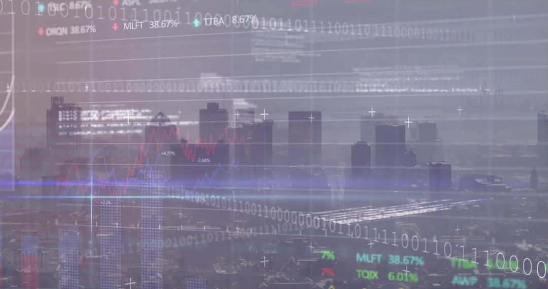 Futuristic Cityscape with Binary Code and Digital Charts