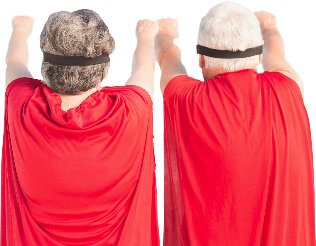 Seniors in Red Capes Facing Away with Transparent Background