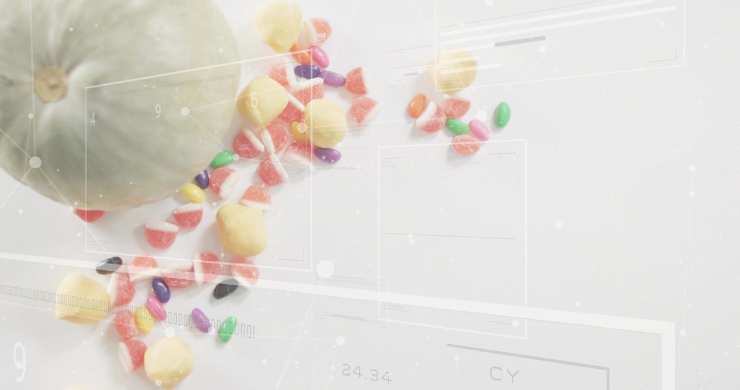 Displaying pale green gourd with colorful jellybean and gumdrop trail over white space