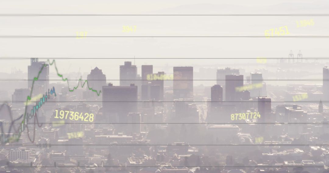 Digital Financial Data Overlay on Hazy Urban Skyline