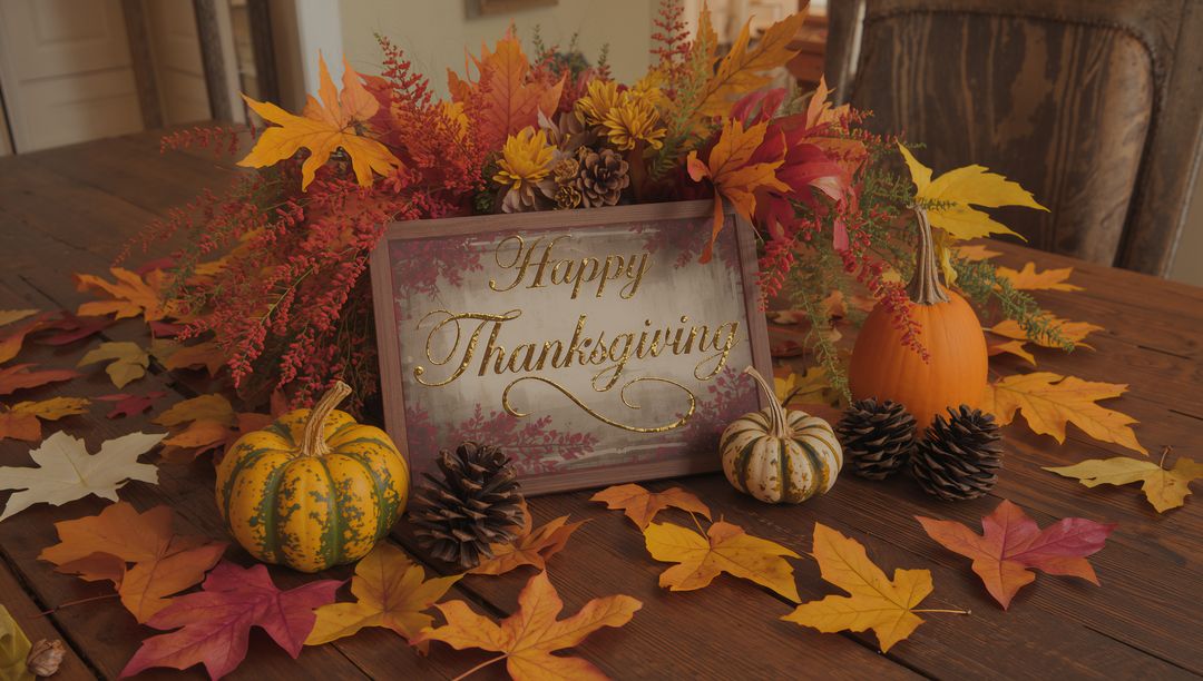 Rustic Thanksgiving Table Centerpiece Featuring Happy Thanksgiving Sign, Pumpkins, Autumn Leaves