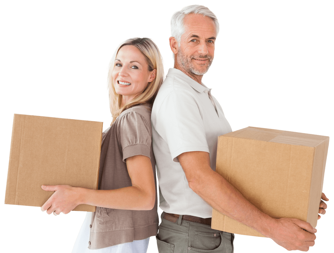 Mature Couple Standing Back-to-Back Holding Transparent Cardboard Boxes