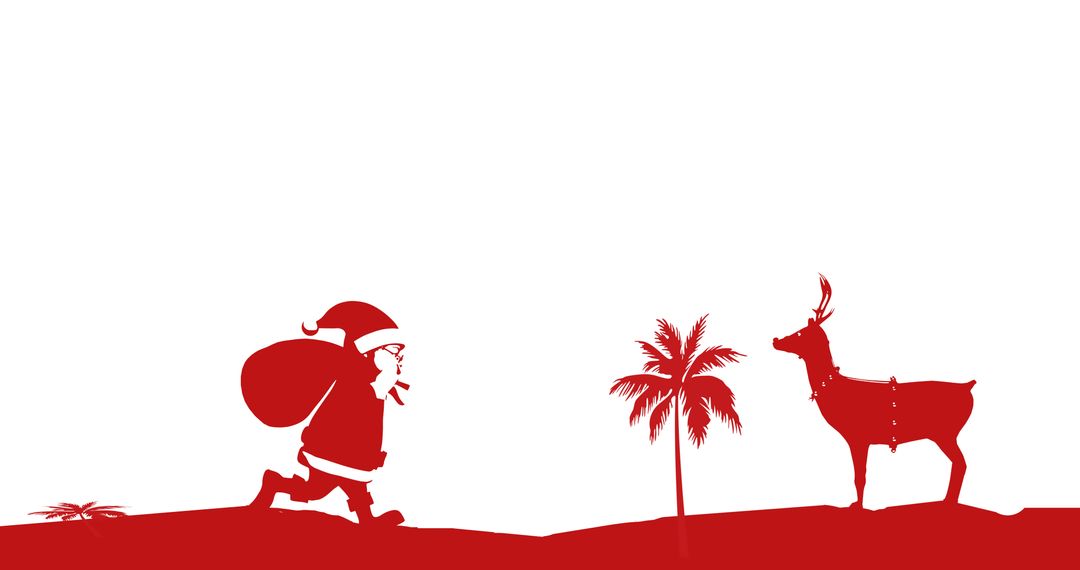 Santa Claus with Reindeer and Palm Trees Red Silhouette
