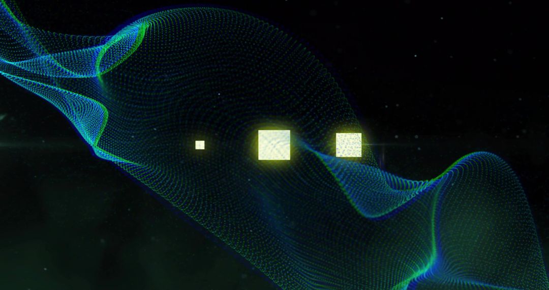 Geometric Glow: Floating Yellow Squares on Neon-Mesh Wave