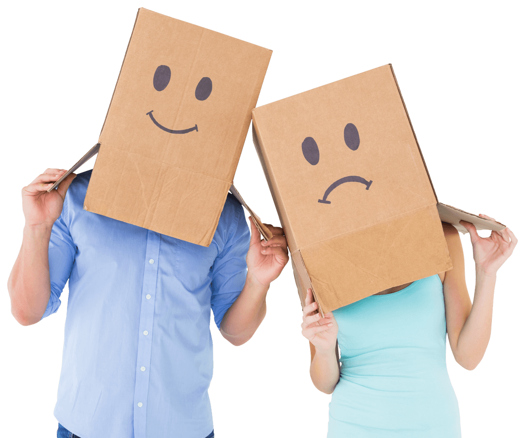 Couple with Cardboard Masks Displaying Emotions Transparency Concept
