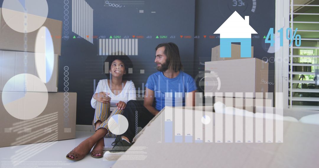 Diverse Couple Moving with Digital Data Interface