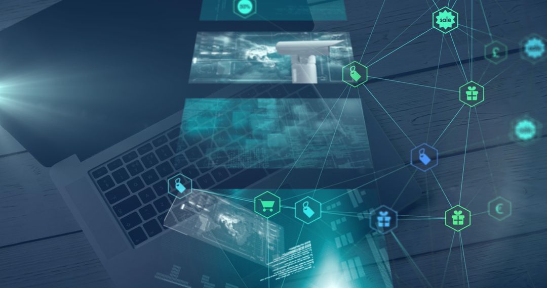 Digital Interface with Shopping Icons over Laptop