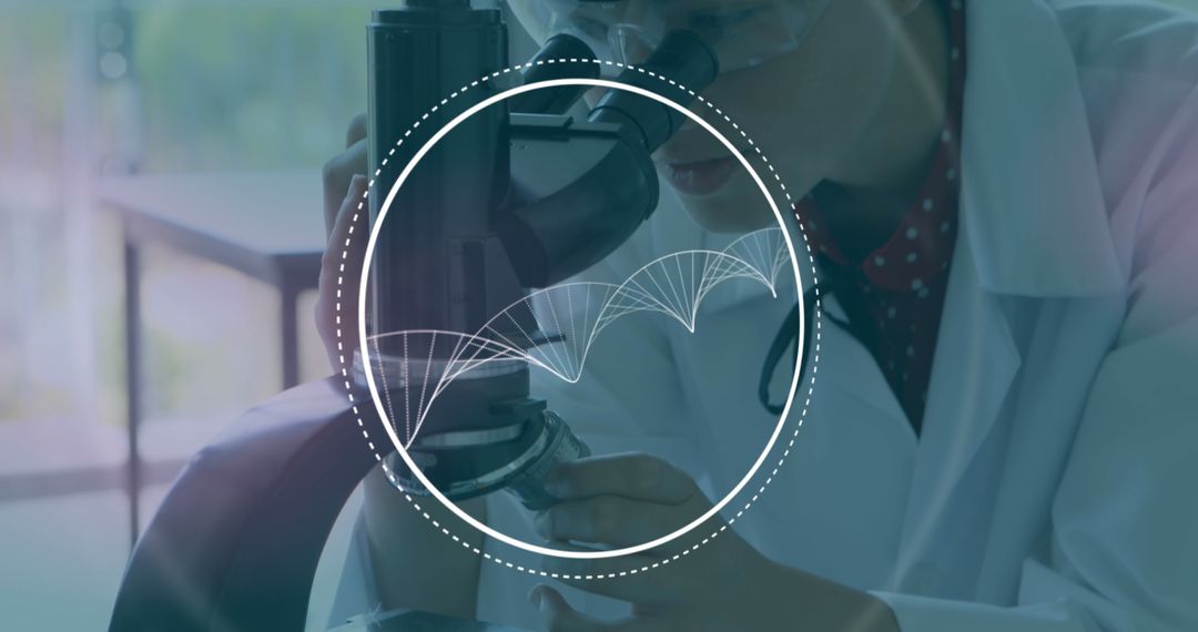 3D DNA Strand and Scientist Using Microscope in Laboratory Scene