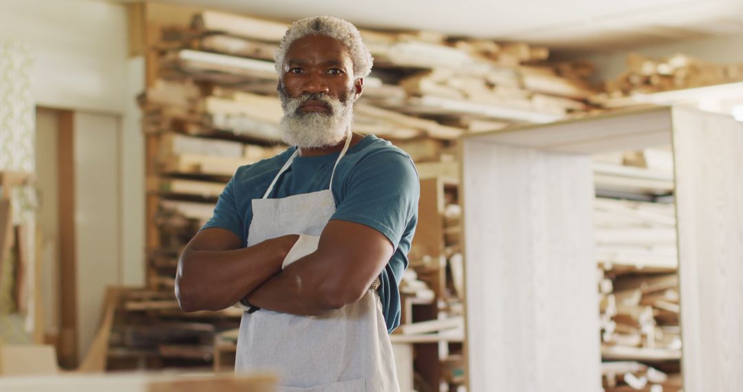 Confident Senior Carpenter in Workshop, Standing with Arms Crossed - Free Images, Stock Photos and Pictures on Pikwizard.com