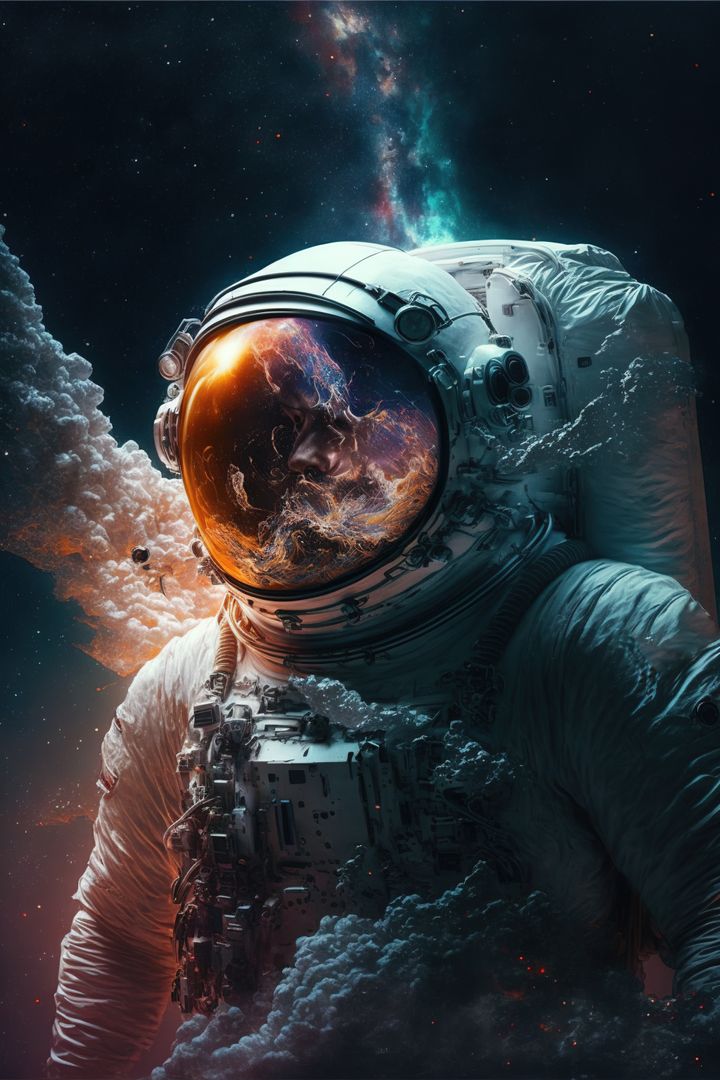 Cosmic Astronaut Floating Among Stars and Celestial Clouds