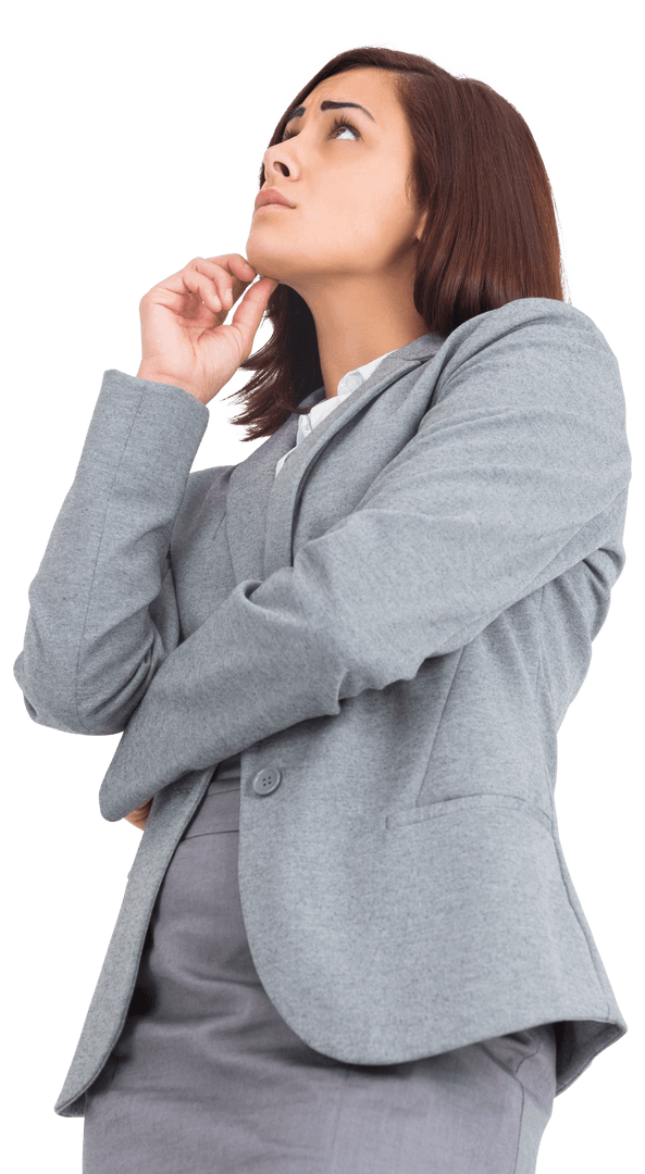 Thinking Businesswoman Looking Up on Transparent Background