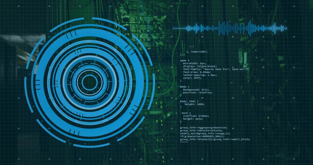 Blue Concentric HUD Scanning Interface with Code Overlay and Cyan Waveform on Grid Matrix