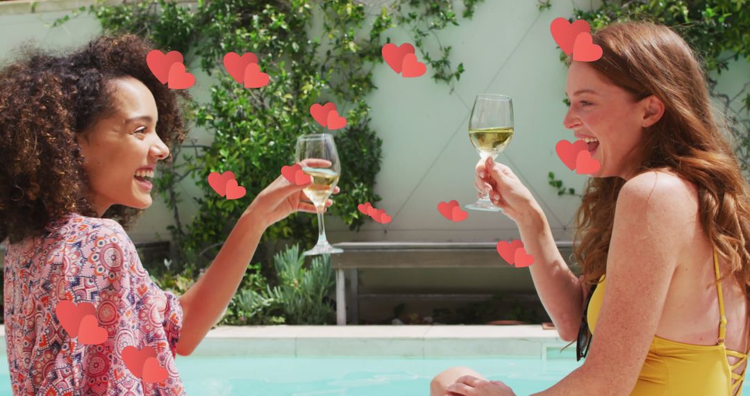 Two Friends Toasting by Pool with Floating Hearts
