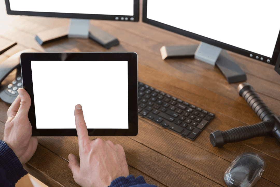 Transparent Screen of Tablet with Male Finger Pressing Surface