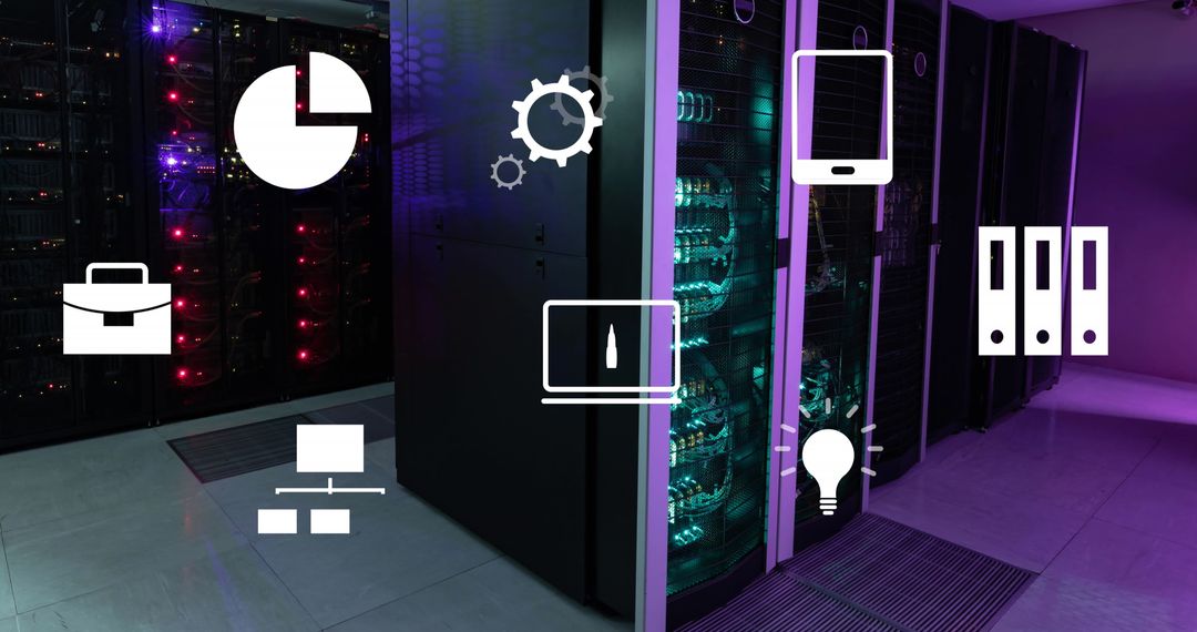 Digital Icons and Data Processing in Server Room