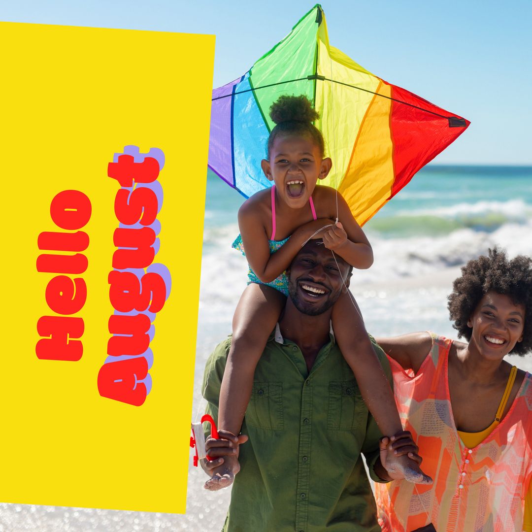 Happy Family Playing on Sunny Beach with Colorful Kite