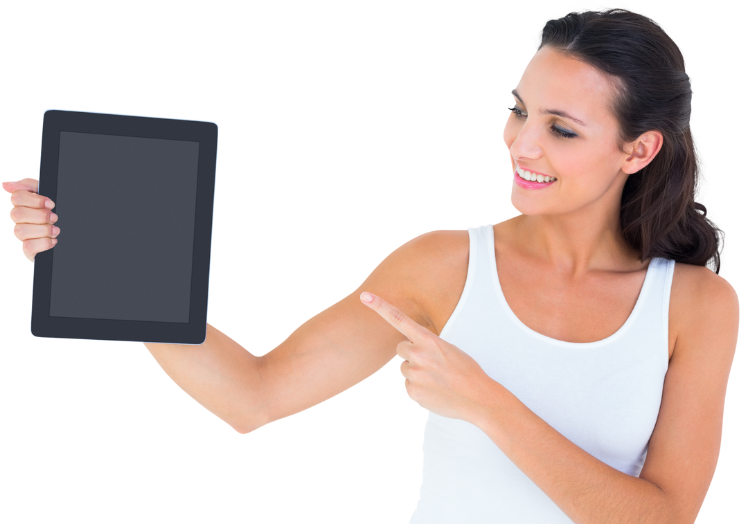 Transparent Young Woman Holding Tablet Pointing Cheerfully - Download Free Stock Images Pikwizard.com