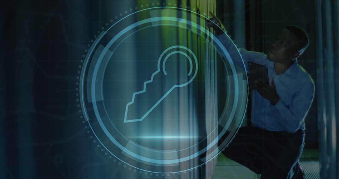 Cybersecurity Key and African American Engineer in Data Center
