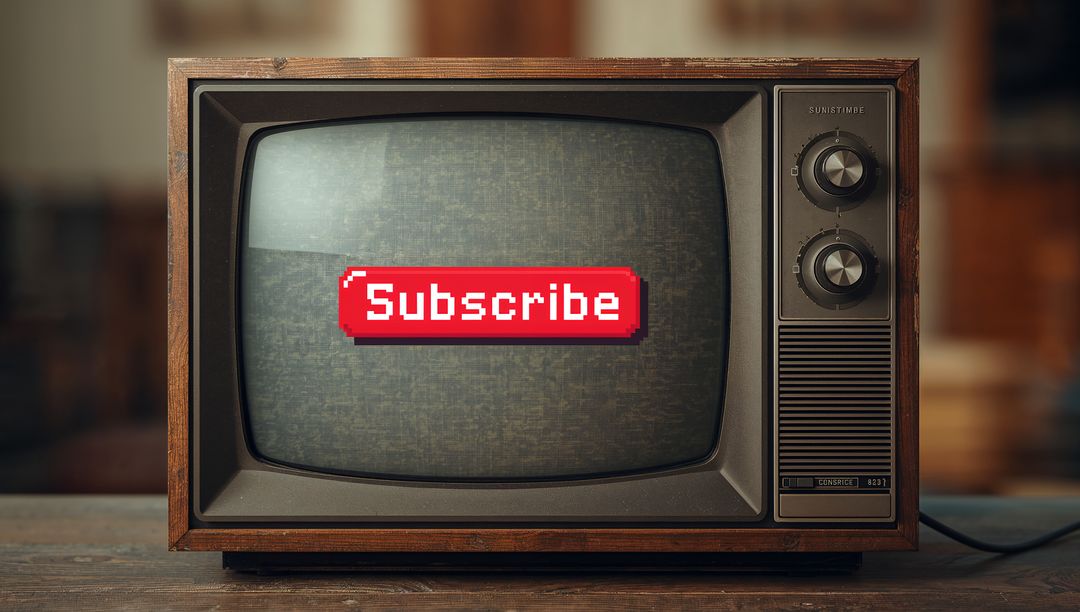 Retro CRT Television with Pixel Subscribe Button on Static Screen, Woodgrain Cabinet