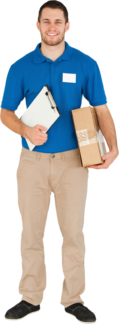 Transparent Background Delivery Person Smiling Holding Parcel and Clipboard - Download Free Stock Images Pikwizard.com