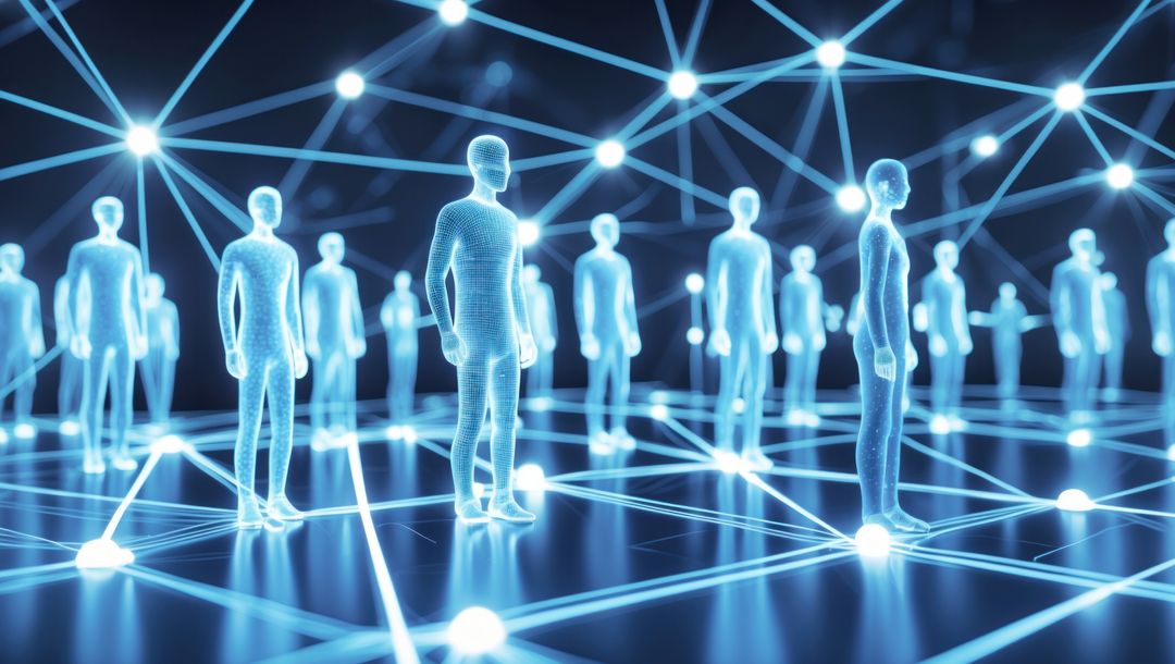 Futuristic Digital Network of Wireframe Avatars Connecting in Virtual Space