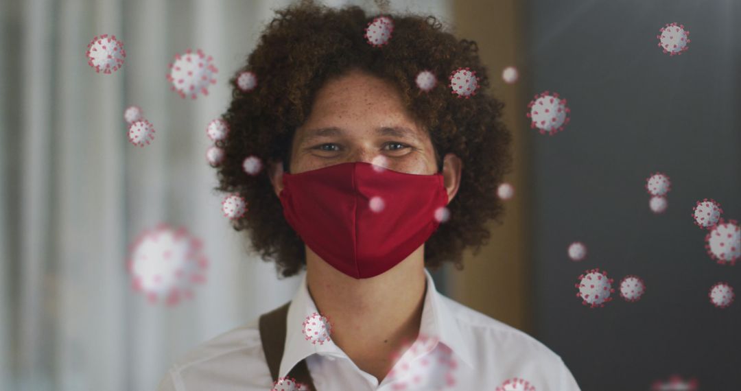Man with Face Mask and Floating Virus Cells Concept