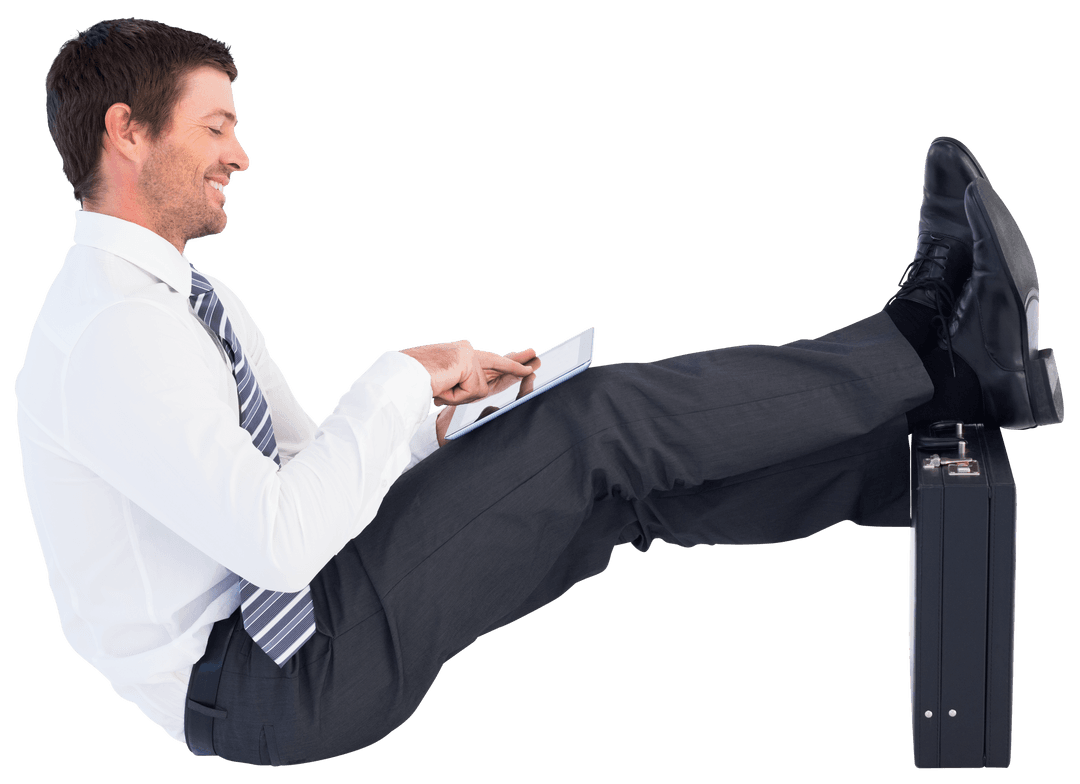 smiling transparent businessman relaxing with digital tablet - Download Free Stock Images Pikwizard.com