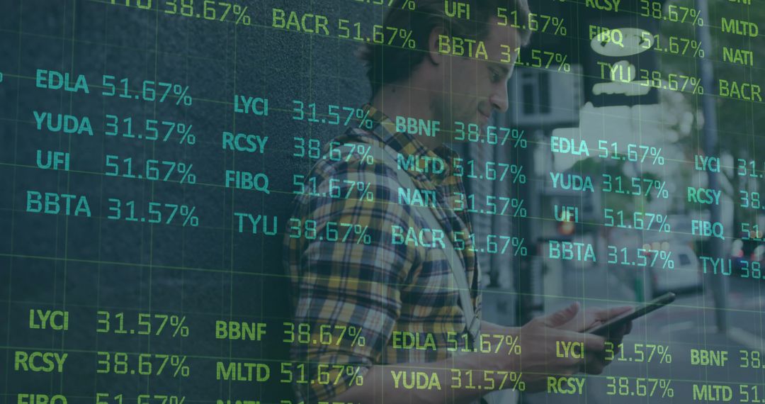 Businessman Analyzing Stocks on Tablet with Virtual Tick Data Overlay