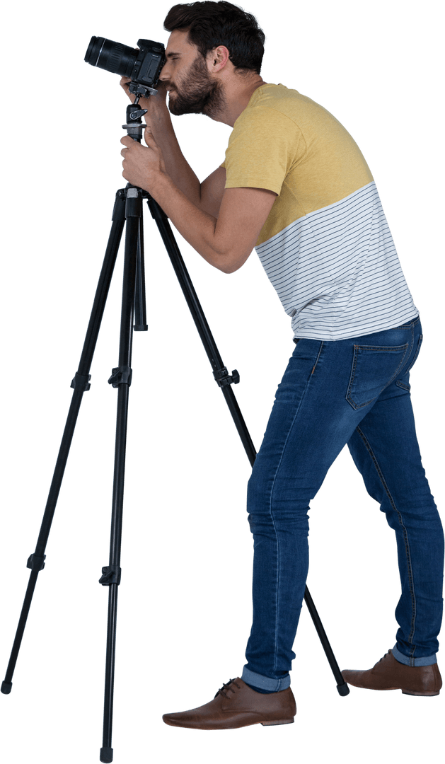 Transparent Excited Photographer Using Camera on Tripod