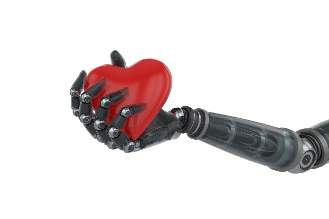 Transparent Cyborg Hand Holding Red Heart Symbol of Love