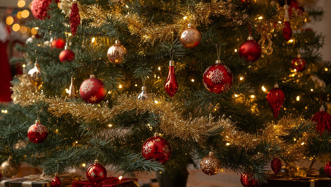 Glowing Christmas Tree Adorned with Gold Tinsel and Red Baubles, Warm Bokeh Lights