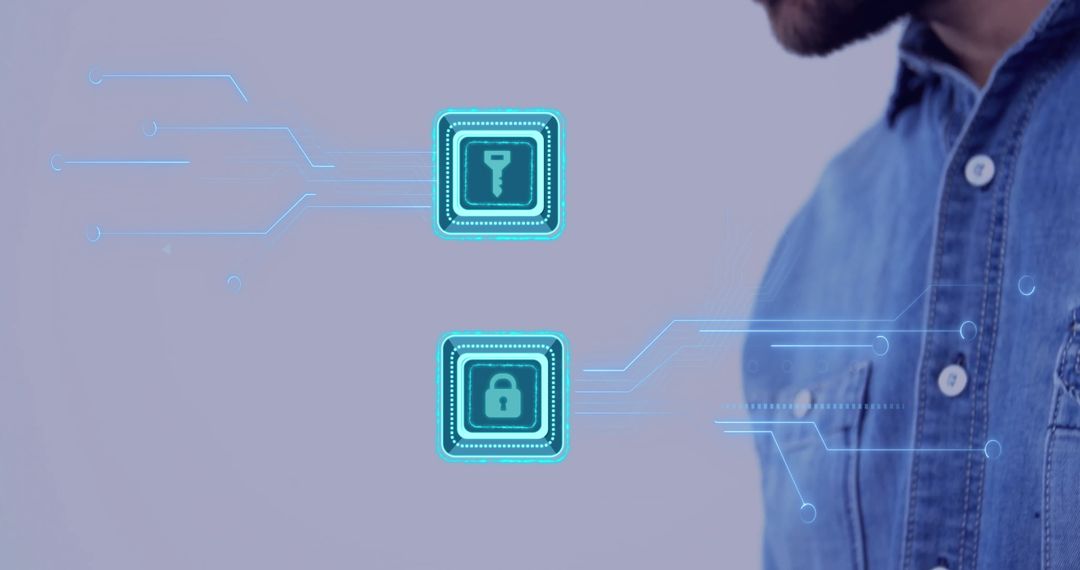Man Analyzing Holographic Icons of Lock and Key for High-Tech Solutions