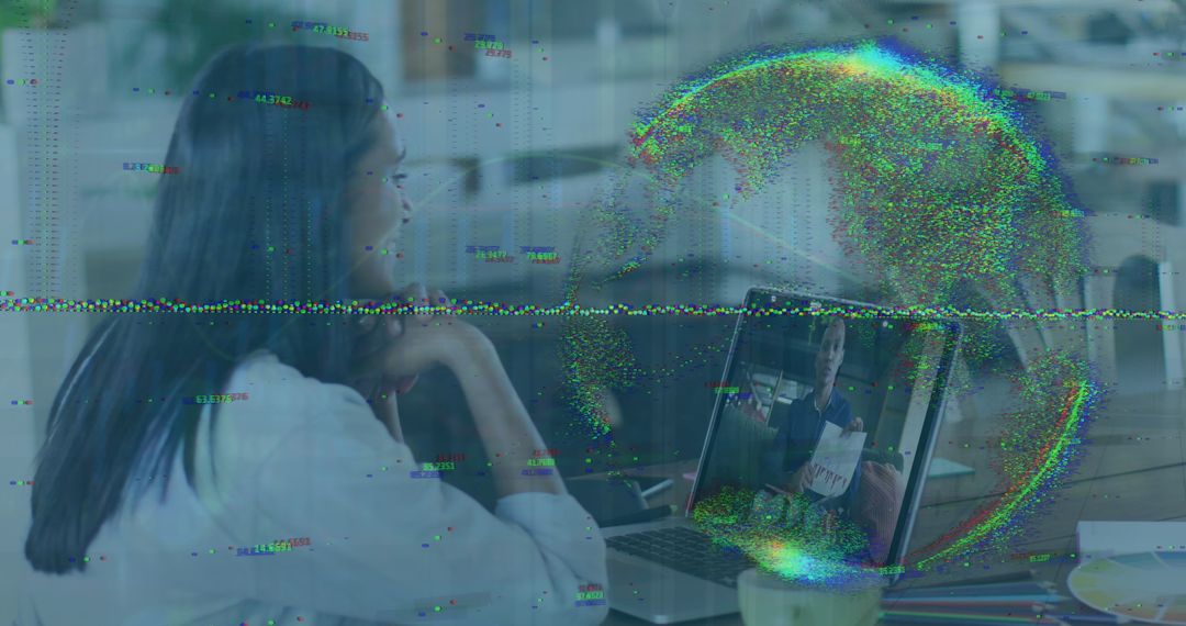 Biracial Woman Engages in Virtual Meeting with Futuristic Digital Display